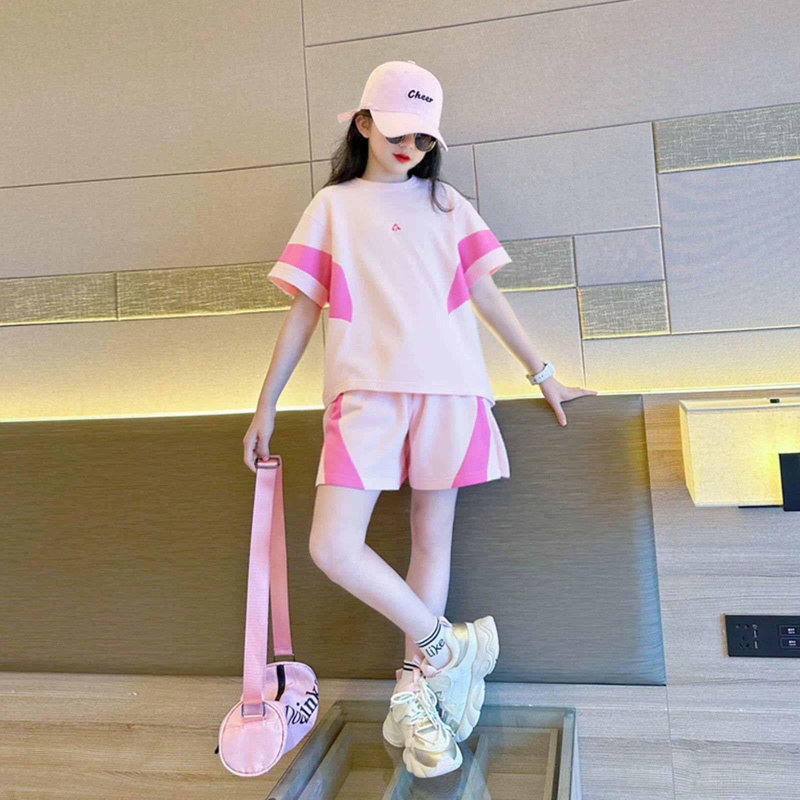 女童短袖短裤套装夏季韩版洋气中大童小女孩休闲运动服炸街两件套
