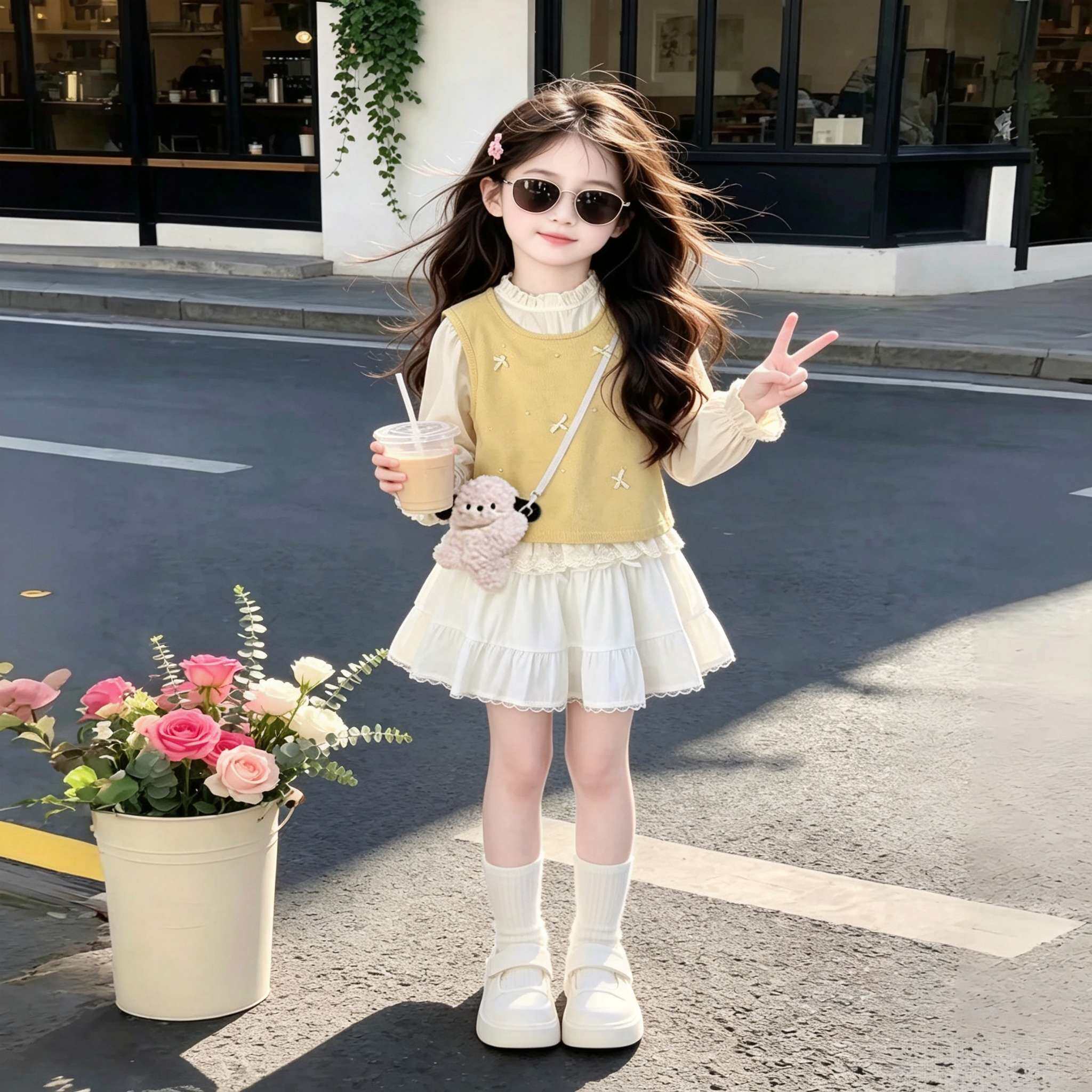 女童裙子秋装套装2026新款甜美儿童马甲叠穿衬衫中大童上衣一整套