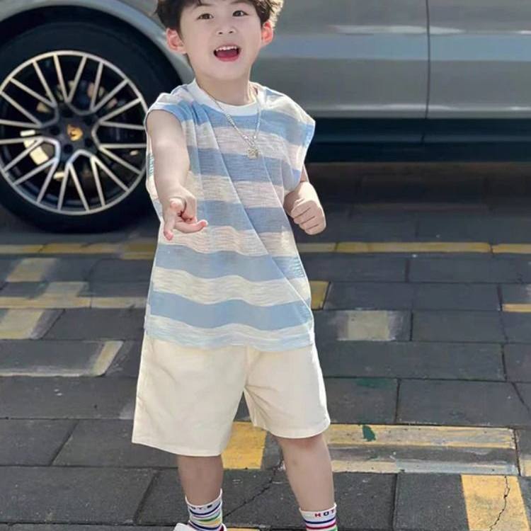 男童夏季透气条纹背心短裤套装