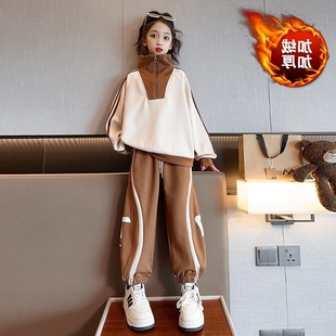 女童休闲运动服套装秋冬季洋气中大童女孩立领加绒卫衣卫裤两件套