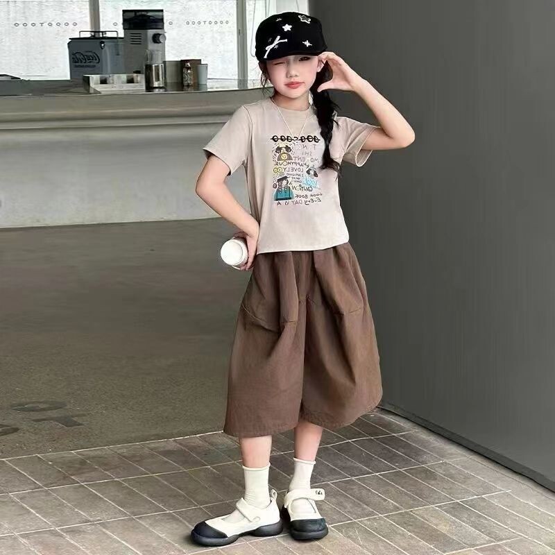 女童潮酷炸街套装夏季洋气中大儿童学生卡通短袖阔腿七分裤两件套