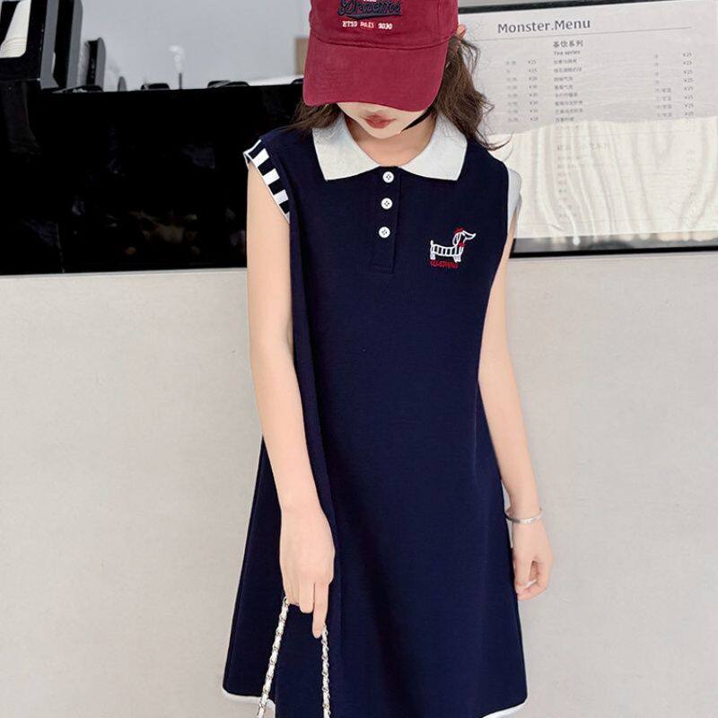 女童学院风连衣裙夏装洋气中大童POLO领公主裙小女孩无袖背心裙潮