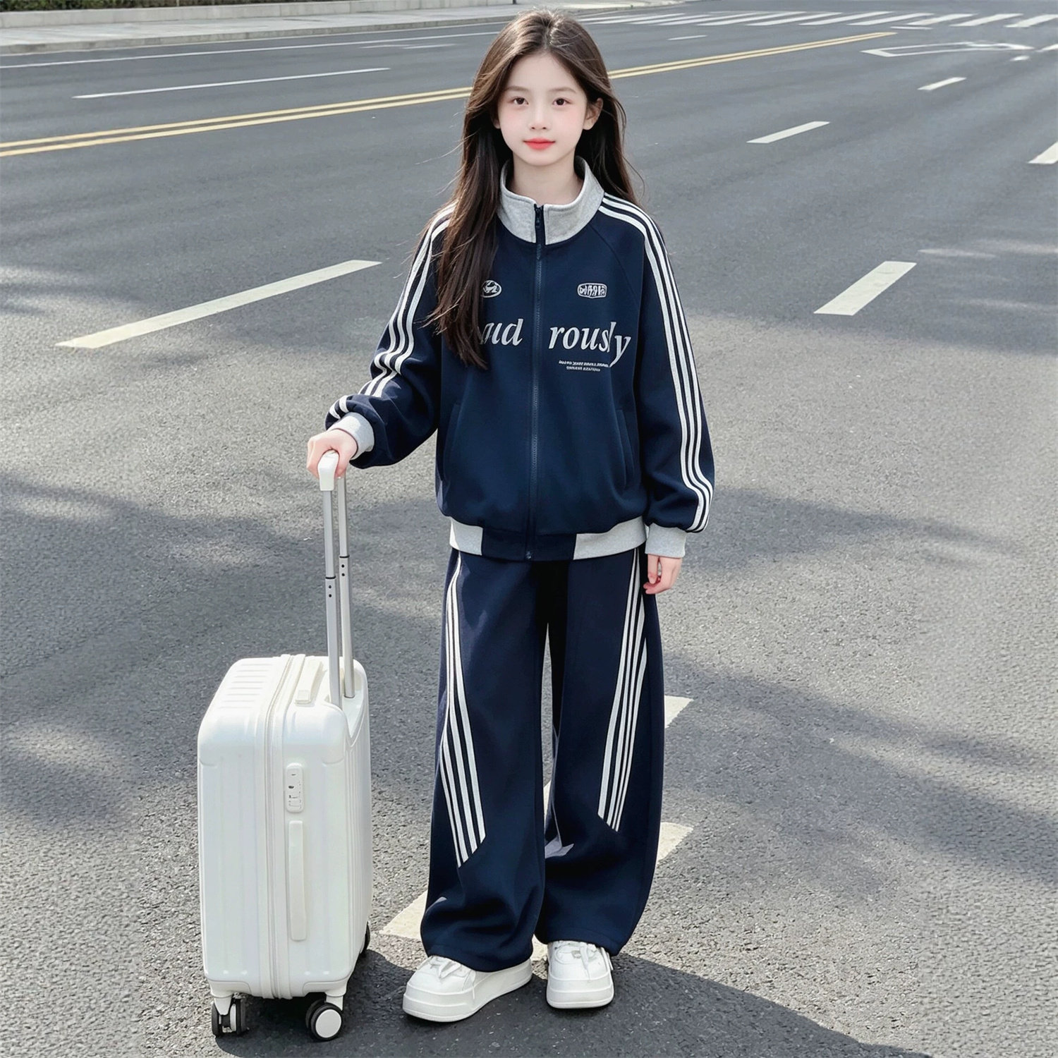 女童撞色立领外套春秋套装2026新款儿童运动阔腿裤小女孩休闲秋装