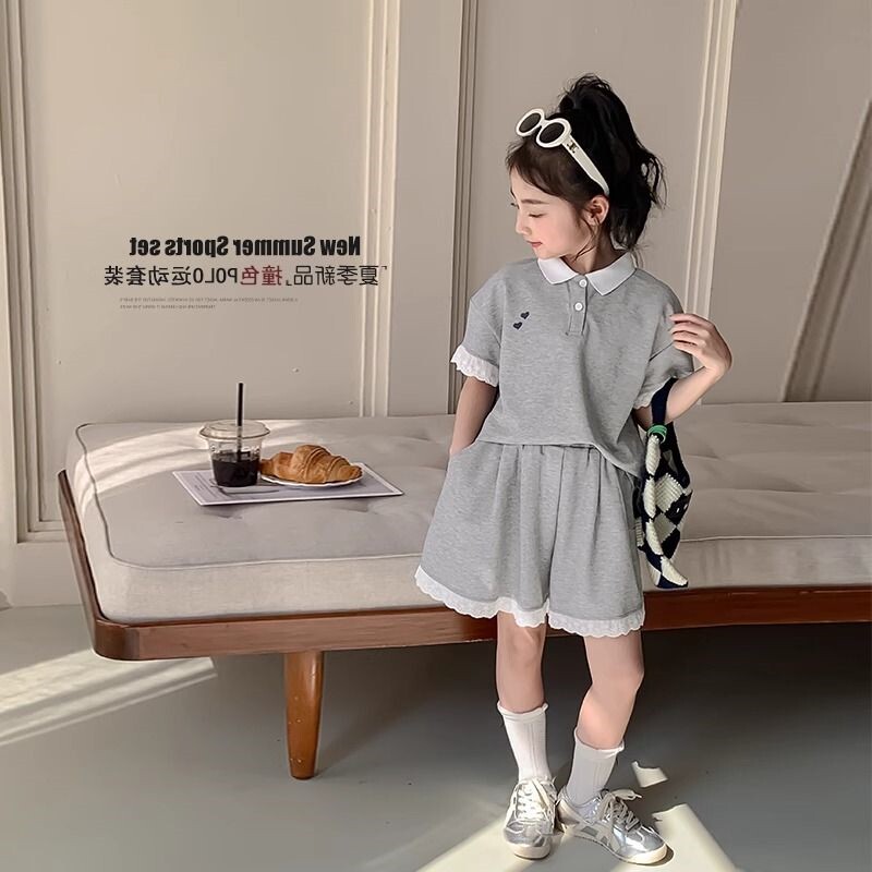 女童学院风套装夏季洋气中大童女孩短袖POLO衫蕾丝边短裤两件套潮