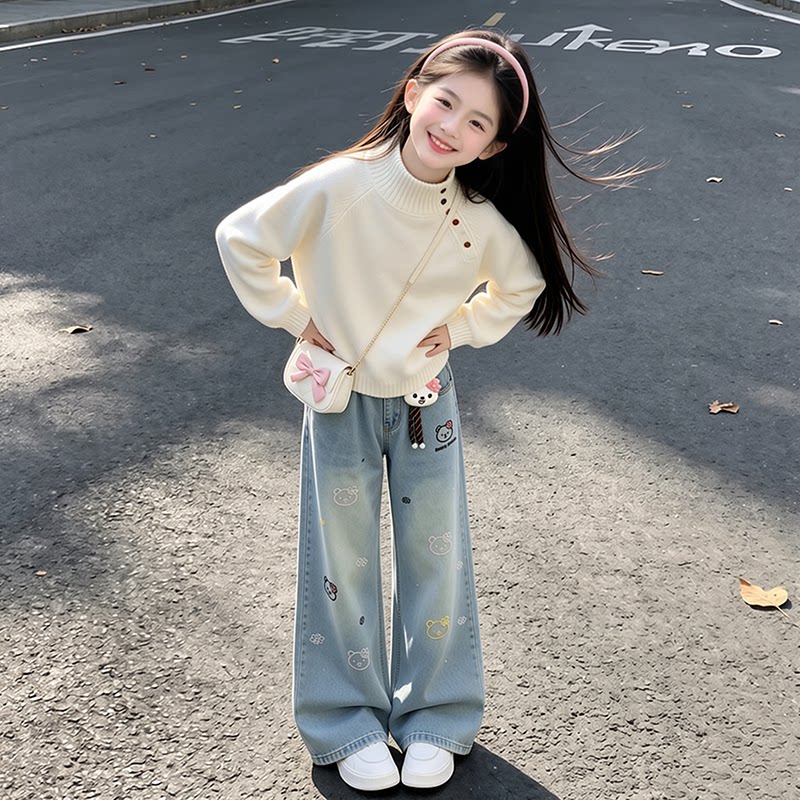 女童春秋毛衣套装2026新款儿童韩系针织衫中大童牛仔阔腿裤两件套