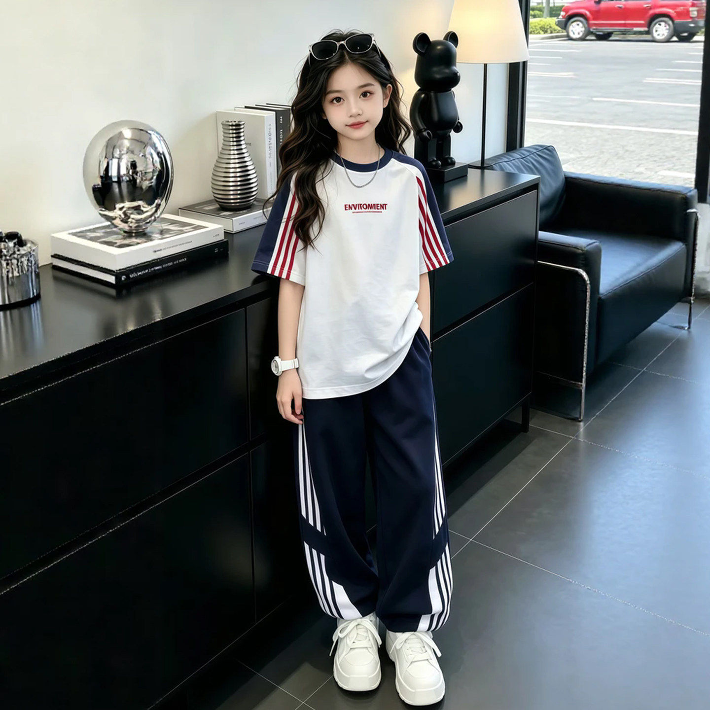 女童夏季休闲运动套装2026新款时髦中大童纯棉短袖拉条长裤两件套