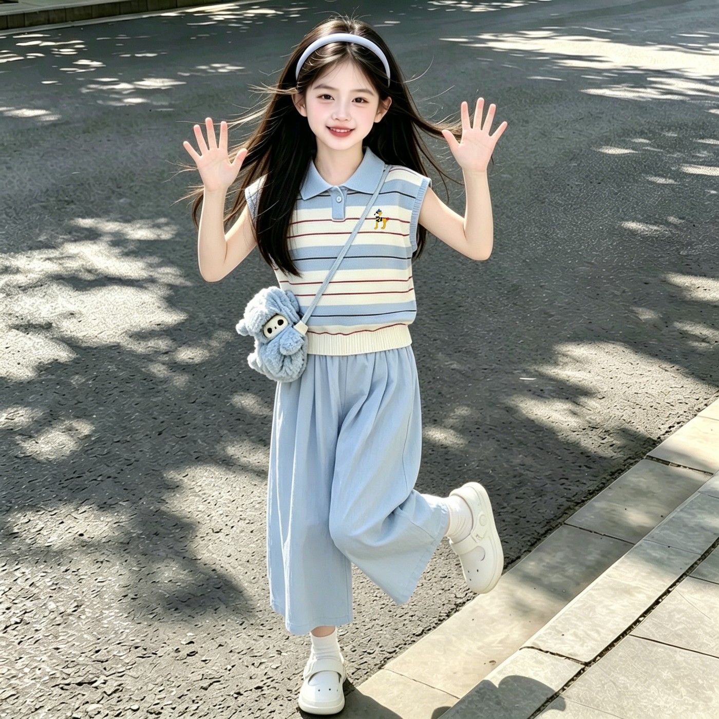 女童夏季Polo无袖套装阔腿裤