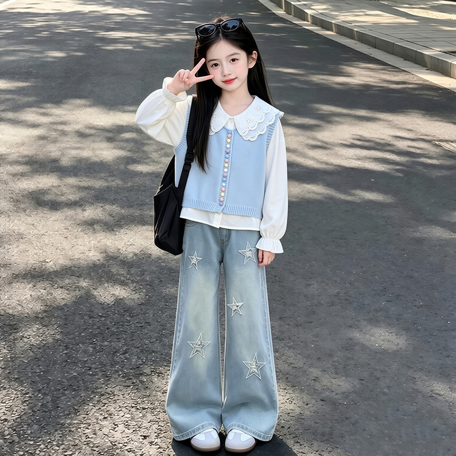女童秋款马甲套装2026新款儿童春秋洋气花边衬衫牛仔阔腿裤三件套