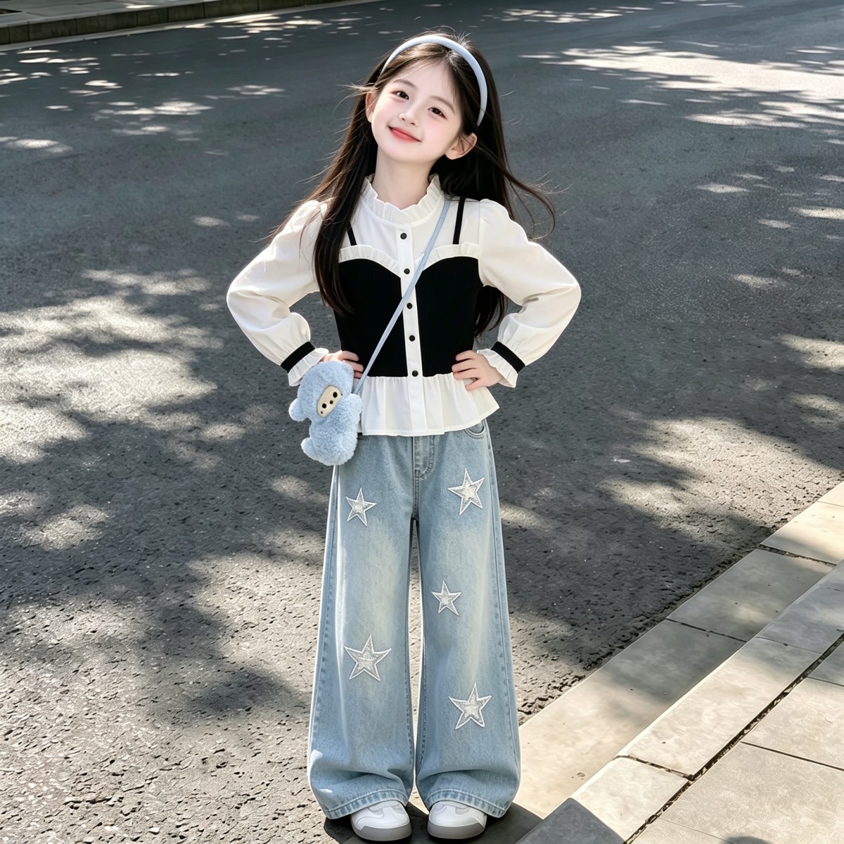 女童洋气秋季长袖上衣两件套2026新款女大童中学生百搭牛仔长裤潮