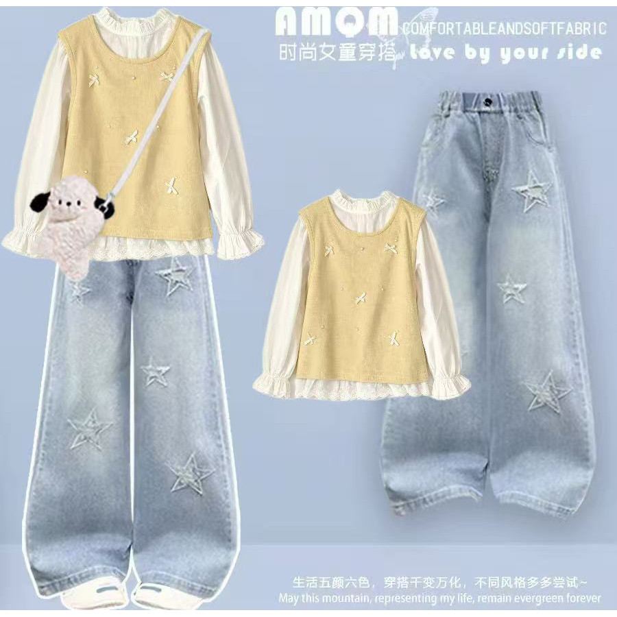 女童马甲衬衫叠穿秋冬装套装2026新款儿童蝴蝶结上衣中大童牛仔裤