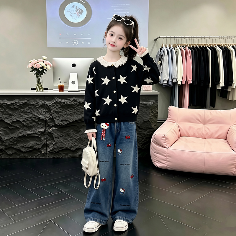 女童秋装套装韩系秋季儿童娃娃领打底衫花边毛开衫毛衣外套三件套