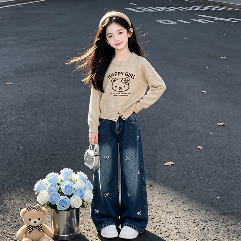 女童秋冬套装毛衣初中生女孩时尚穿搭高级感牛仔裤儿童秋装两件套