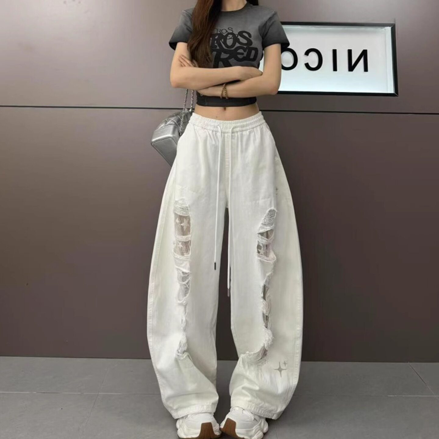 白色拼接蕾丝破洞牛仔休闲裤女2026春夏新款跳舞爵士裤阔腿休闲裤