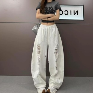 白色拼接蕾丝破洞牛仔休闲裤女2026春夏新款跳舞爵士裤阔腿休闲裤
