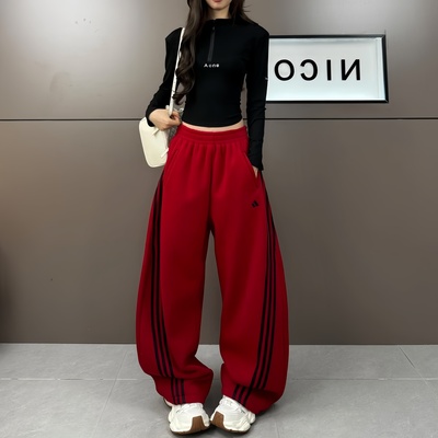 高腰弯刀条纹显瘦保暖阔腿女裤