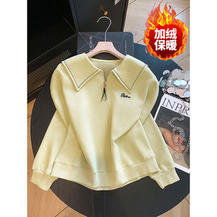 鹅黄色学院风polo领卫衣秋冬新款半拉链刺绣加绒宽松显瘦长袖上衣