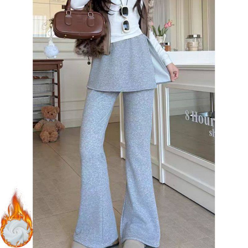 灰色假两件屁帘加绒微喇裤女春秋季2026新款高腰显瘦西装喇叭裤裙