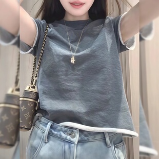 今年流行爆款 夏季 chic韩系上衣 t恤女2026年新款 灰色圆领正肩短袖