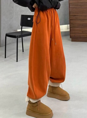橘橙色时尚百搭弯刀裤女2025秋冬季设计感高腰显瘦加绒加厚阔腿裤