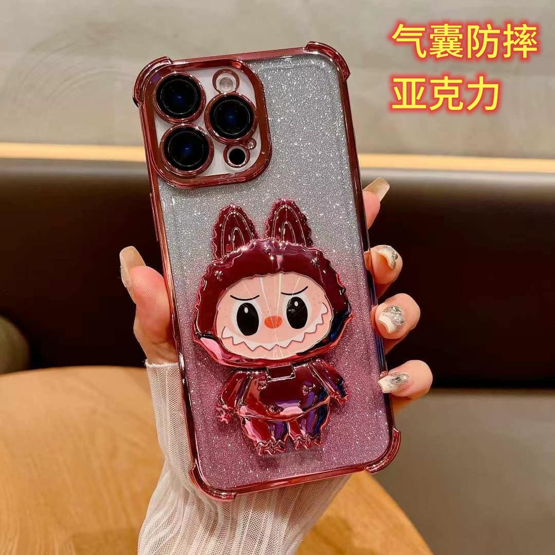 适用iPhone16拉布布磁吸支架手机壳电镀气囊防摔亚克力苹果15闪粉