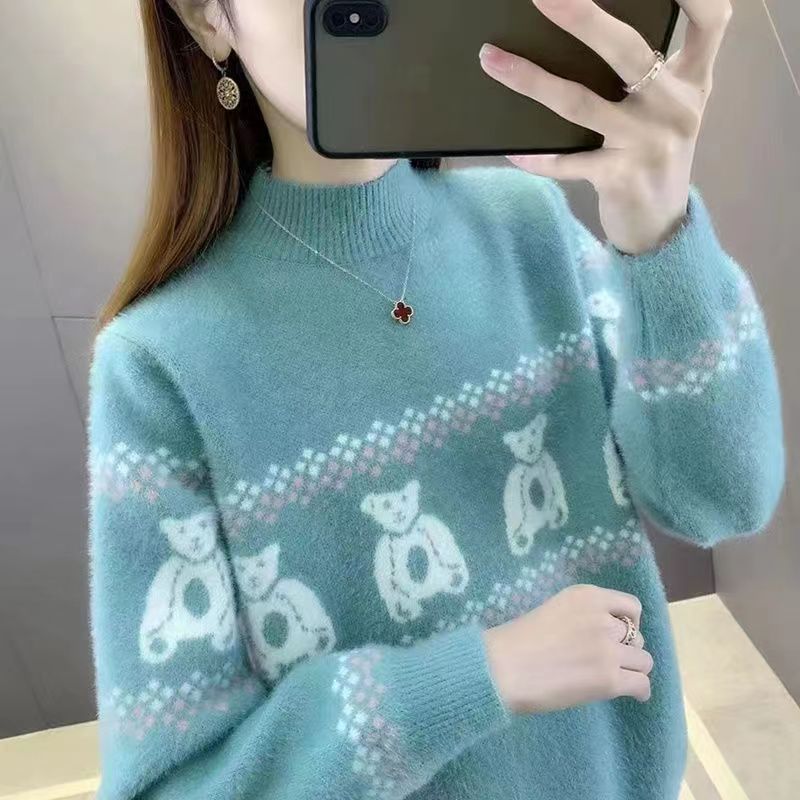 小熊仿水貂绒半高领毛衣女