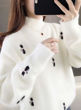 水貂绒毛衣女2025秋冬新款宽松内搭慵懒短款半高领加厚针织打底衫