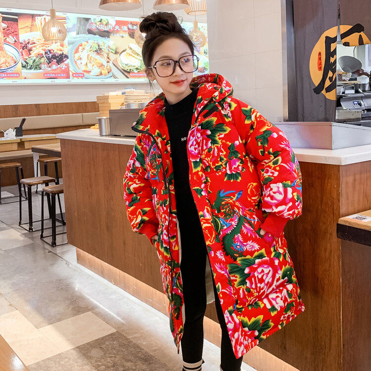 女童东北大花袄2025中长款连帽外套加厚冬季儿童棉服新年羽绒棉衣