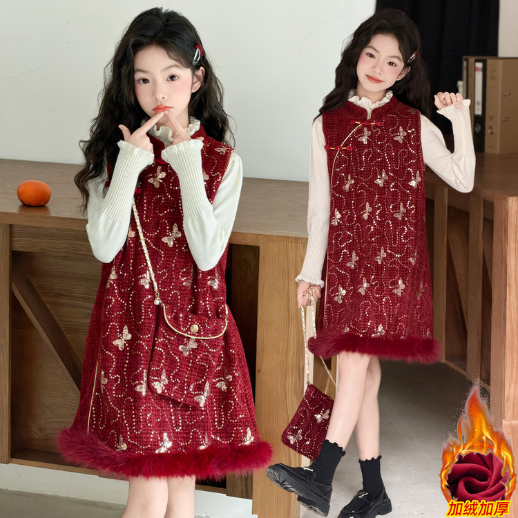 女童年服加绒加厚红色新年连衣裙
