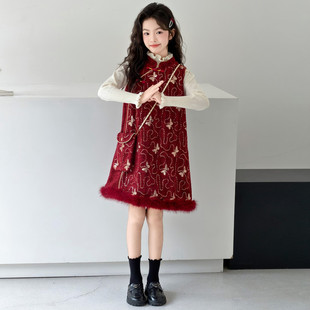 女童年服加绒加厚裙子2025新款亮片演出服儿童冬季红色新年连衣裙