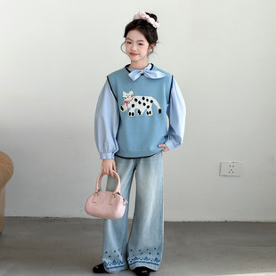 女童春款套装2026新款女大童毛衣马甲衬衫阔腿牛仔裤春秋三件套潮