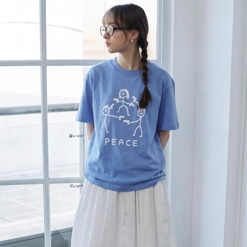 买梦想的奶奶幸福蓝PEACE火柴人恶搞短袖T恤男女宽松趣味印花上衣