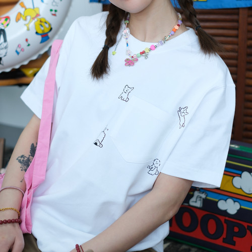 买梦想的奶奶狗狗绕口袋一圈白色直筒265克无缝圆领情侣短袖美式