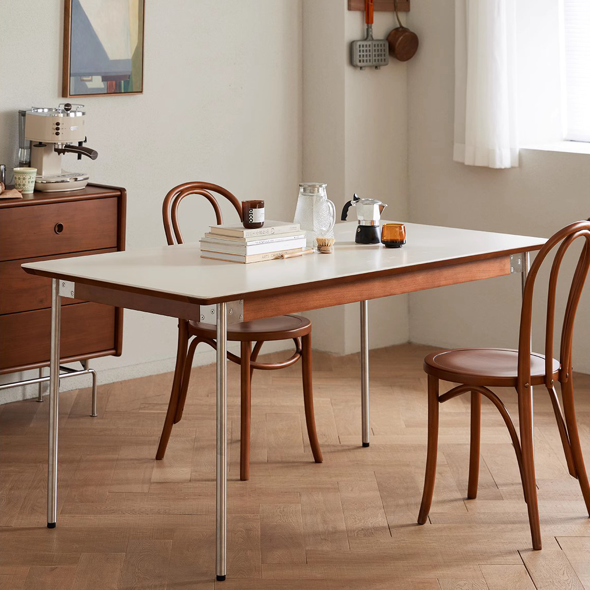 北欧复古岩板餐桌家用小户型原木长方形饭桌不锈钢实木餐桌椅组合