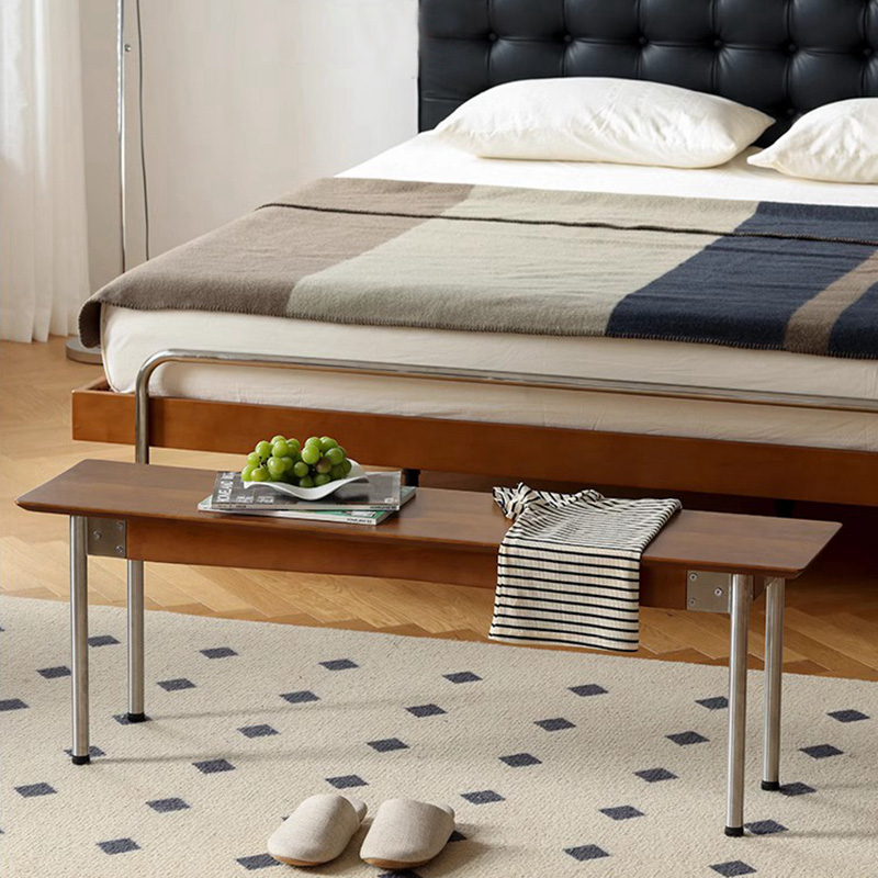 北欧复古实木长凳小户型客厅玄关换鞋凳家用不锈钢原木餐桌长条凳