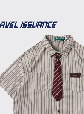 TRAVEL ISSUANCE 慢度日常 学院风夏季领带条纹宽松短袖衬衫男女