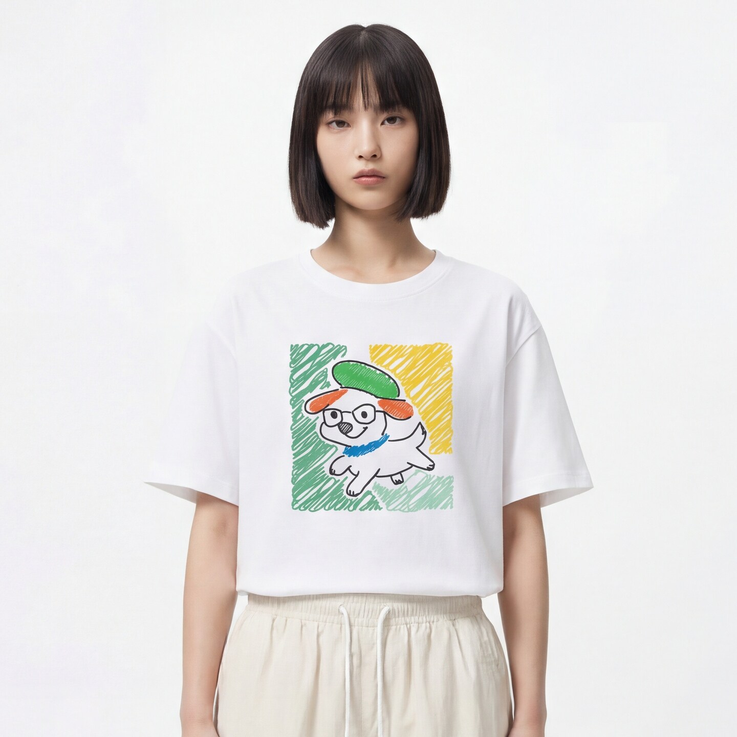 TRAVEL ISSUANCE 眼镜小狗 日系蜡笔风印花短袖宽松白色T恤