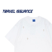 ISSUANCE 兴高采烈 美式 TRAVEL 复古烫钻宽松圆领百搭短袖 T恤潮牌