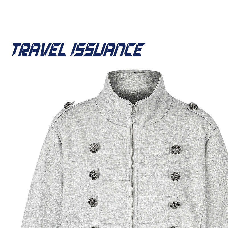 TRAVEL ISSUANCE 东躲西藏 日系潮牌双排扣立领宽松短款拉链卫衣