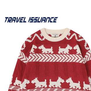 TRAVEL ISSUANCE 少管闲事 国潮费尔岛小狗提花宽松慵懒毛衣男女
