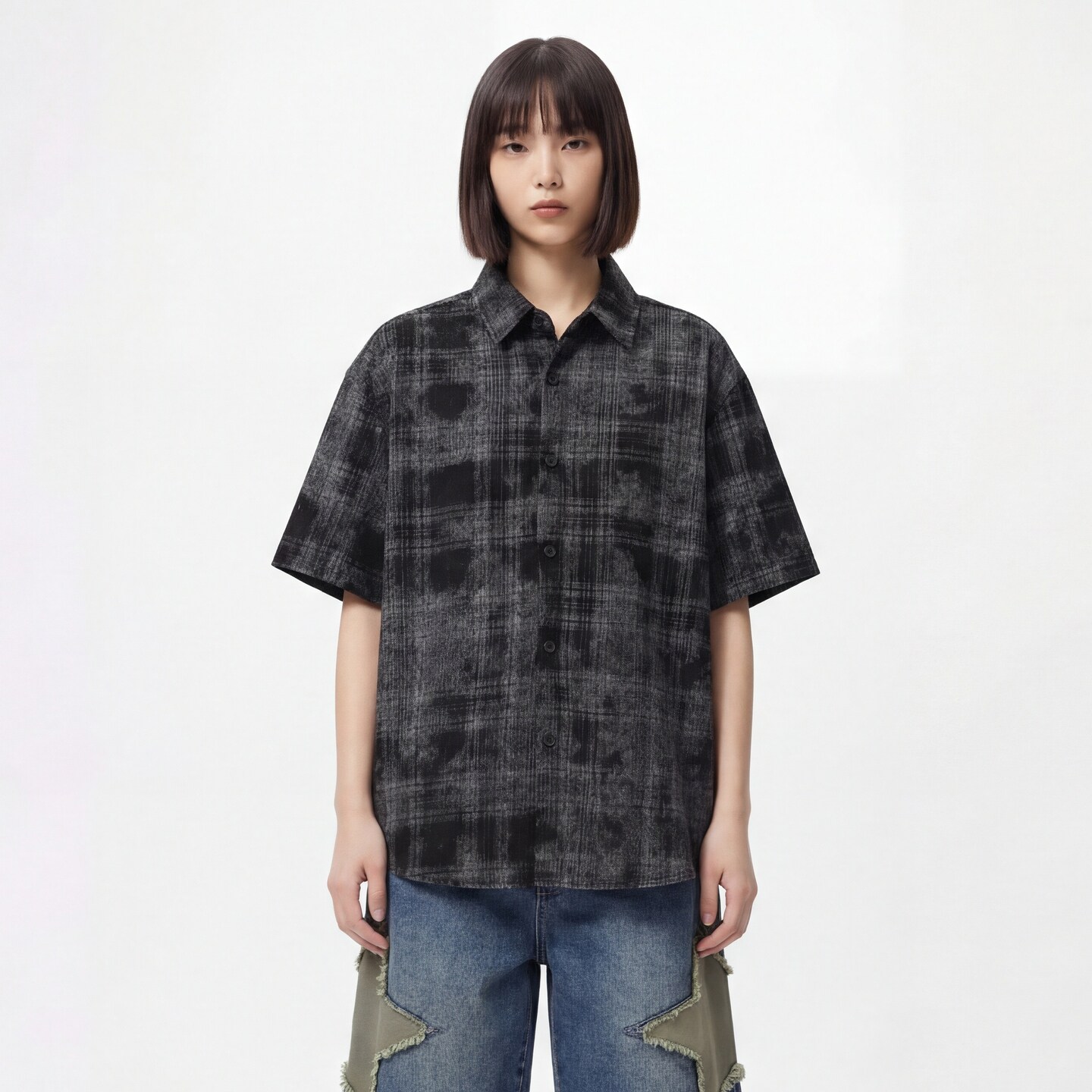 TRAVEL ISSUANCE 明线口袋 黑白肌理感宽松翻领短袖休闲男女衬衣