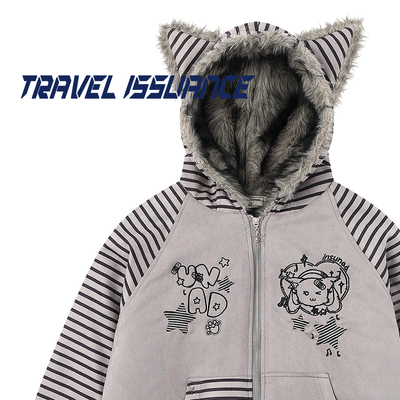 连帽宽松条纹加绒连帽卫衣女