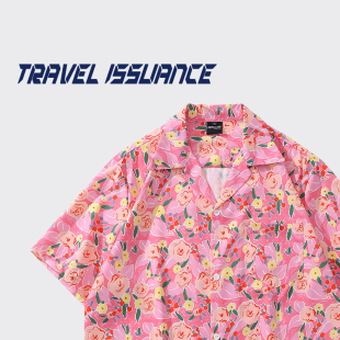 TRAVEL ISSUANCE 热忠于粉色 日系碎花满印宽松bf古巴领短袖衬衫