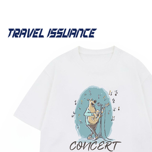 TRAVEL ISSUANCE 欢乐高歌 复古可爱卡通字母印花宽松圆领短袖T恤