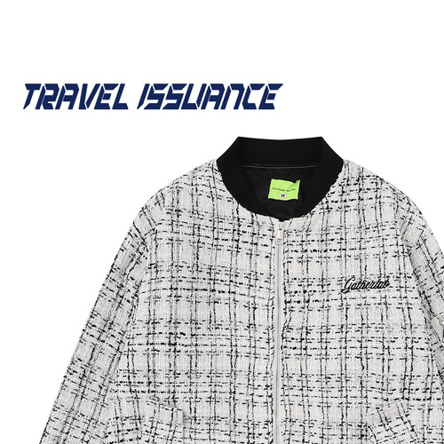 字母刺绣格子宽松立领夹克外套