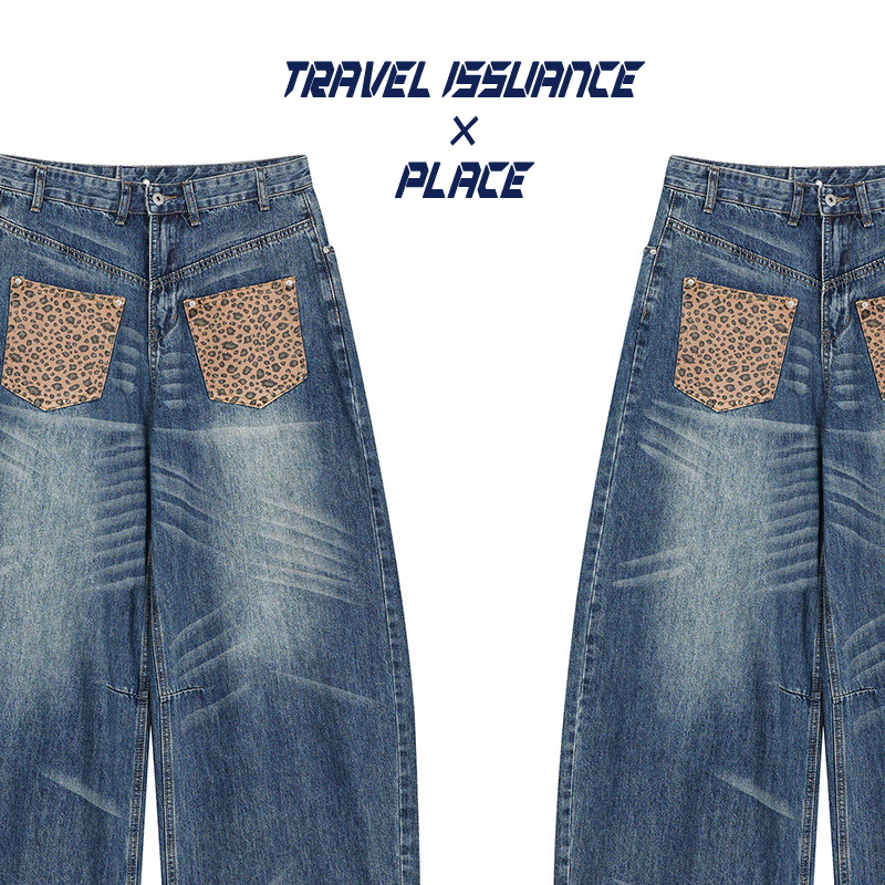 复古弯刀豹纹女宽松牛仔裤