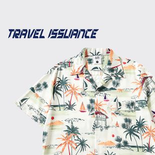 ISSUANCE 衬衫 红日印波 街头休闲风景印花宽松短袖 ins 美式 TRAVEL