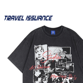 ISSUANCE 变 暗淡 TRAVEL 日系街头休闲痞帅人物印花宽松短袖 T恤