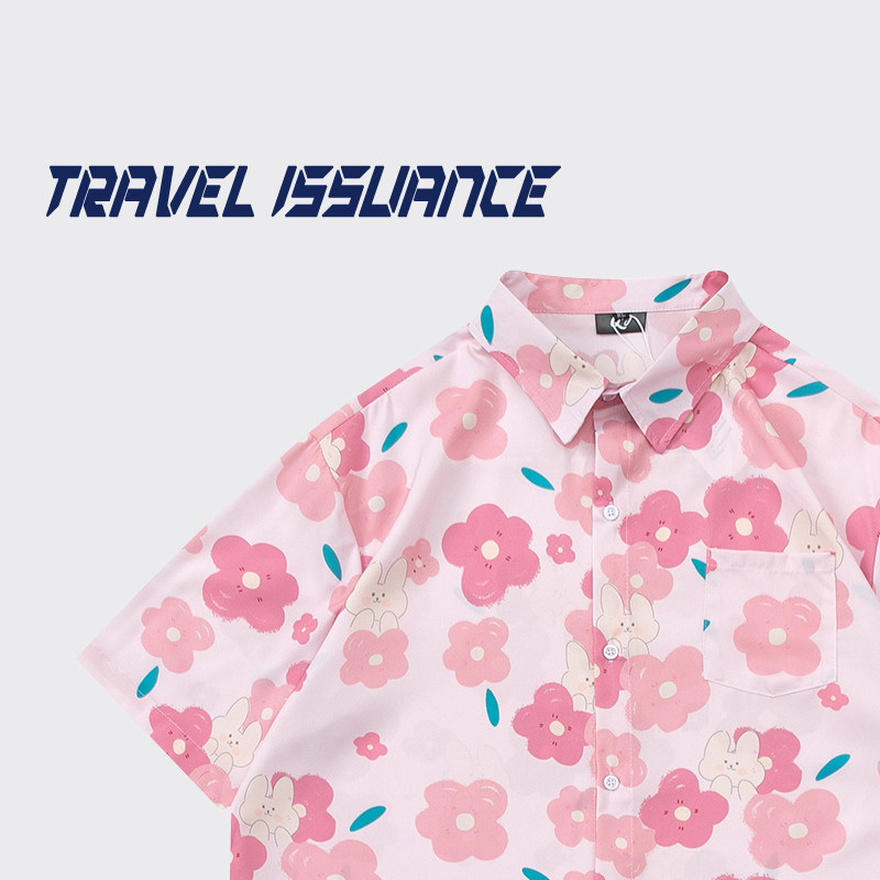 TRAVEL ISSUANCE 乖巧可爱 日系甜美风卡通兔子花朵宽松短袖衬衫