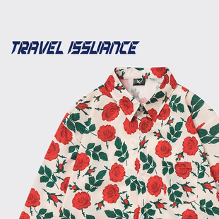 TRAVEL ISSUANCE 炙热的红玫瑰 原宿风花卉满印长袖衬衫宽松休闲