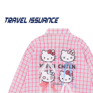 TRAVEL ISSUANCE 小猫晕晕 可爱印花格纹甜美风休闲宽松长袖衬衫